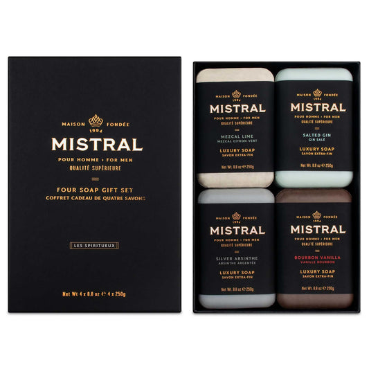 Mistral Men’s Luxury Bar Soap for Men | Gift Set (4 x 8.8 oz) - Mezcal Lime, Salted Gin, Silver Absinthe, Bourbon Vanilla | Moisturizing Beauty & Personal Care Mistral
