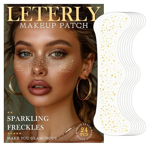 Leterly 24 Pcs Glitter Freckles Face Tattoo,Gold Face Glitter Makeup Patches Cute Sparkle Freckles Patches Waterproof Makeup Speckles for Face