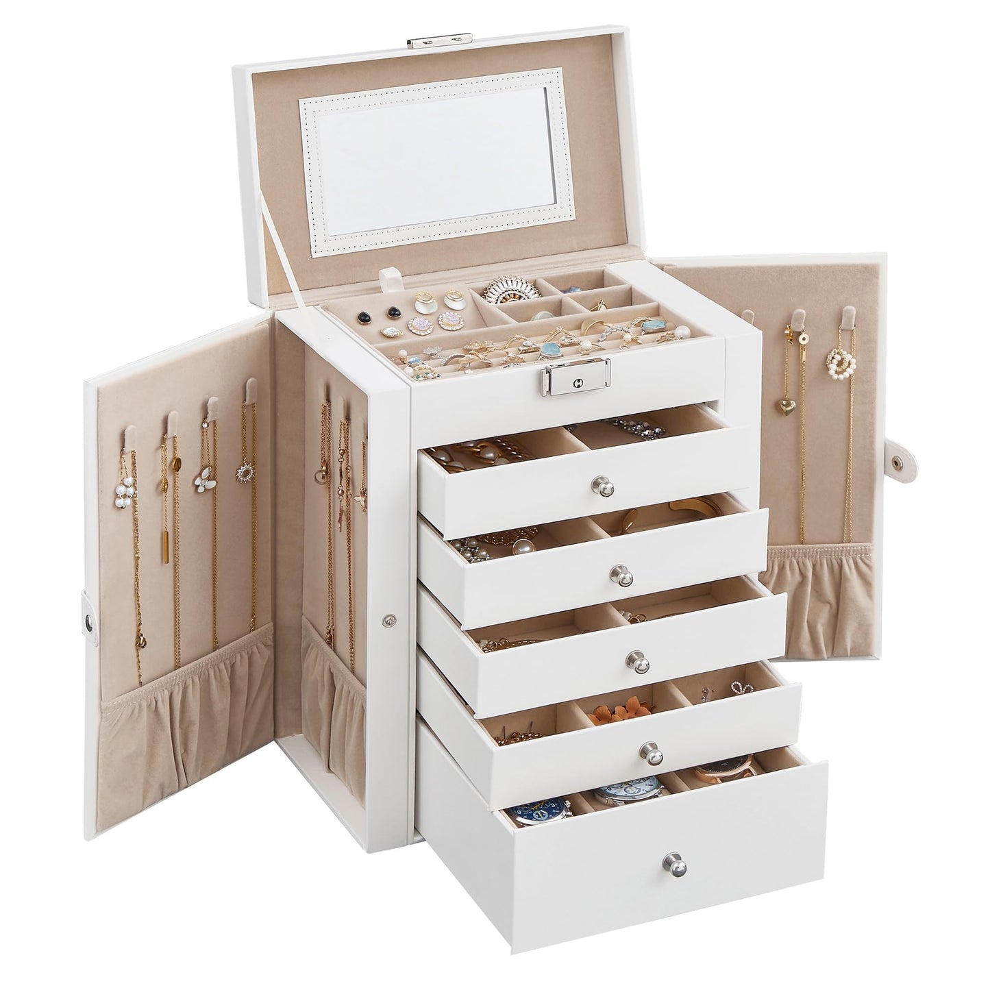 SONGMICS 6 Tier Jewelry Box, Jewelry Storage Organizer with 5 Drawers, Large Storage Capacity, with Mirror, Lockable, Jewelry Case, Gift for Loved…