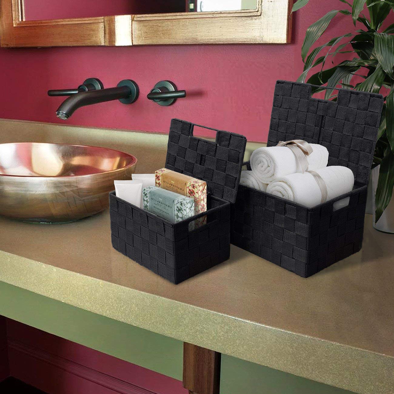 Sorbus Set of 3 Black Woven Storage Baskets with Lids - Mesh Hand-Woven Bins for Closet, Shelf, and Linen Organization - Variety Pack