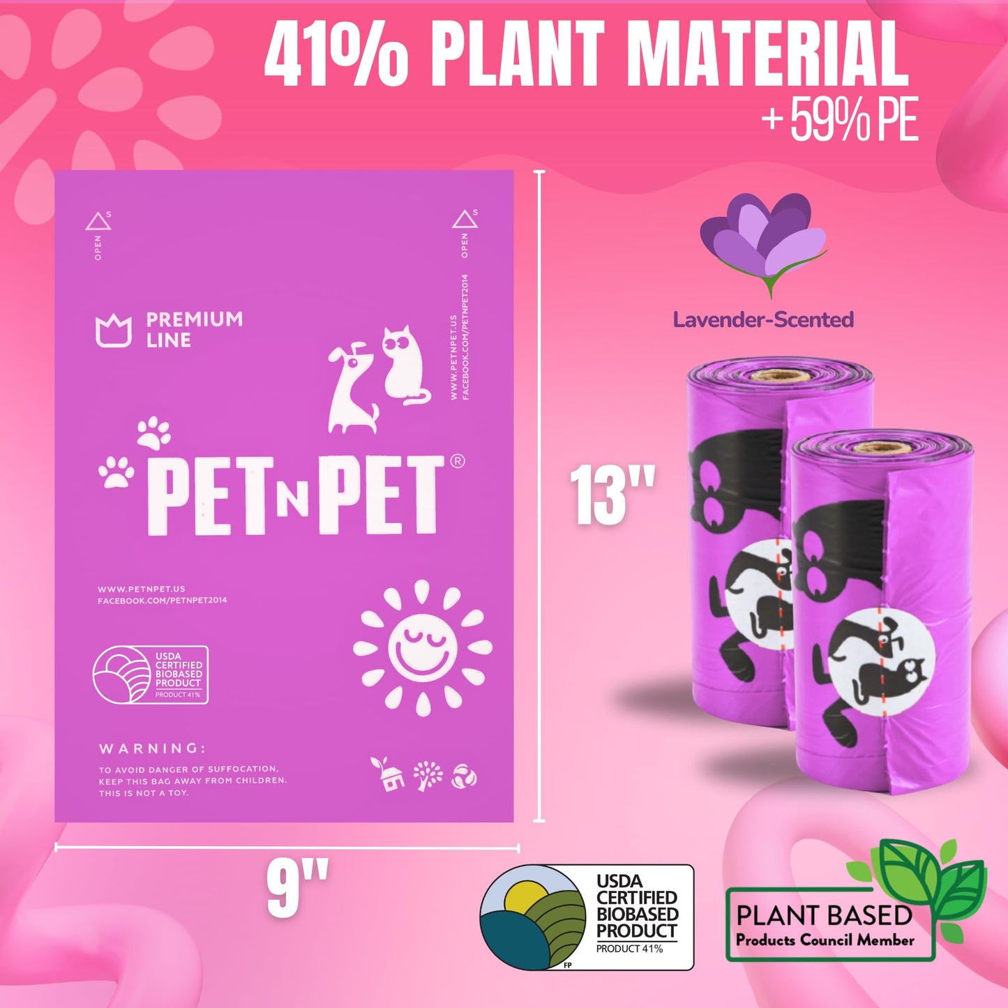 Pet N Pet Dog Poop Bags – 288 Lavender Scented Rolls with Dispenser, USDA Certified 38% Plant-Based, Leak-Proof Waste Bags for Dogs
