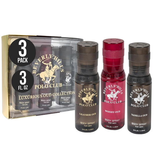Beverly Hills Polo Club Mens Body Spray Gift Set - 3pc Collection of Oud Fragrances (Vanilla, Leather & Woody) in Sleek 3oz Bottles - Long-Lasting Beauty & Personal Care Beverly Hills Polo Club