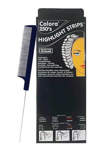Colora Highlight Strips 4x10 Inch Long (250 Strips) + M Hair Designs Pin Tail Comb - Hair Coloring Foil Alternative for Balayage, Bleaching
