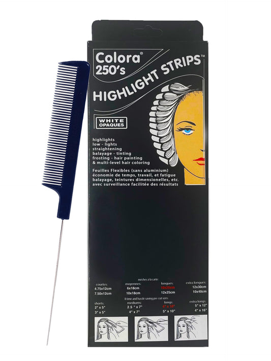Colora Highlight Strips 4x10 Inch Long (250 Strips) + M Hair Designs Pin Tail Comb - Hair Coloring Foil Alternative for Balayage, Bleaching
