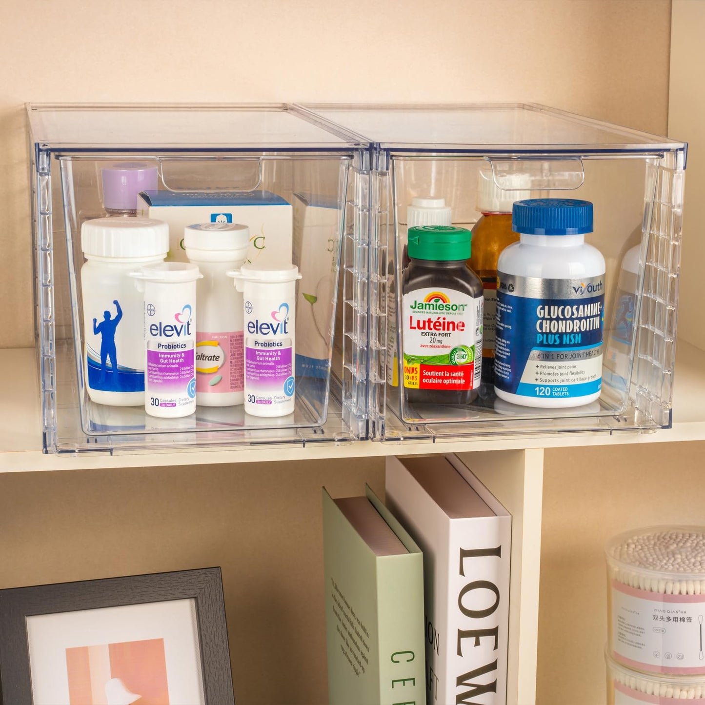 Zero Zoo 4Pack Large Stackable Kitchen Storage Drawers, Clear Foods Organizer Bins with Handles, Easily Assemble for Bathroom, Kitchen, Pantry…