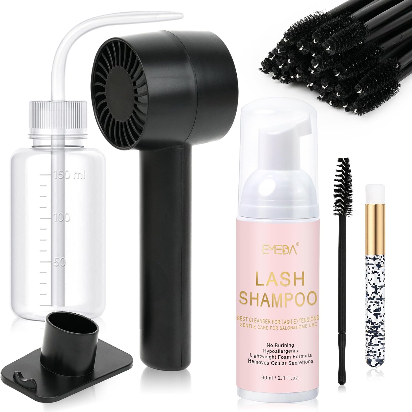 EMEDA Lash Shampoo Kit 2.02 fl oz Lash Cleaning Kit with Rechargeable Fan Dryer/Brush/Rinse Bottle, Oil-free Cleanser Wash for Extensions & Clusters Beauty and Personal Care EMEDA Default Title
