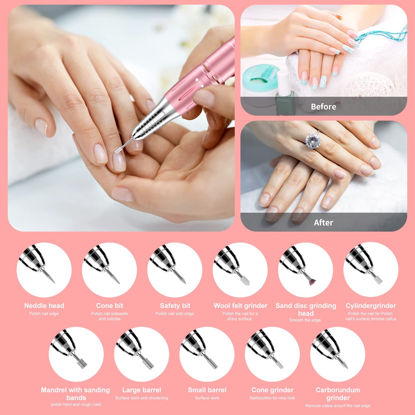 Rechargeable 35000 RPM Electric Nail Drill - Portable Professional Efile Kit for Acrylic, Gel Nails, Manicure Pedicure Polishing Shape Tools Beauty & Personal Care BVCR