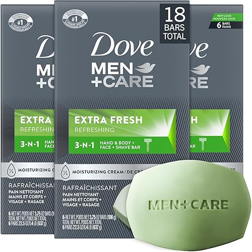 Dove Men+Care Soap Bar, Extra Fresh Scent 3-Pack (18 Bars) - Hydrating 3-in-1 Body, Hand, and Face Cleanser for Men, 22.5 Oz Ea