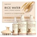 Rice Water Shampoo and Conditioner Set with Hair Growth Spray & Scalp Massager Brush, Enriched with Biotin & Caffeine, 4-in-1 Rice Water Hair Growth