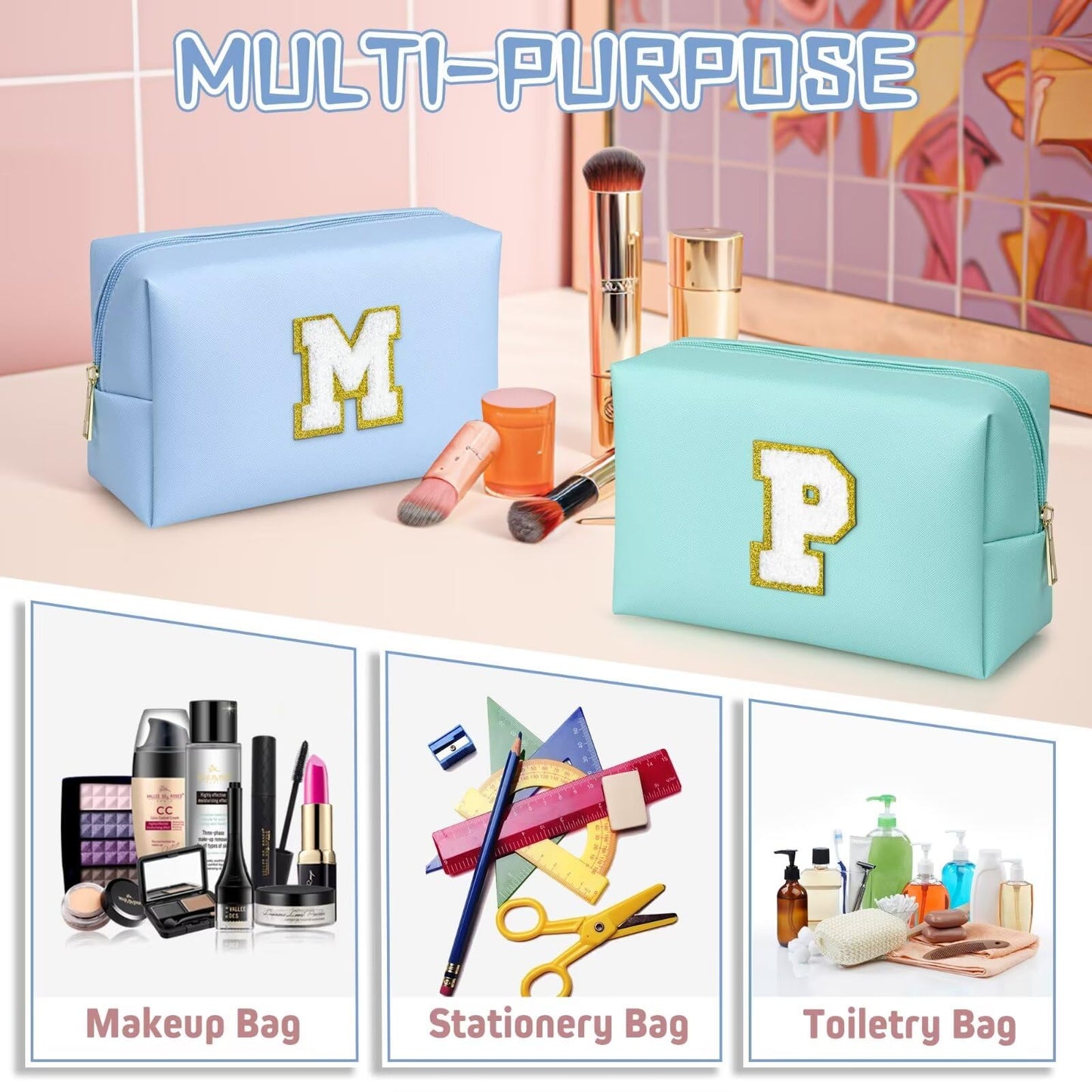 TOPEAST Personalized Makeup Bags for Women, Chenille Letter Pouch Cosmetic Bag with Zipper, Travel Toiletry Bag, Monogrammed Birthday Gift Beauty and Personal Care TOPEAST