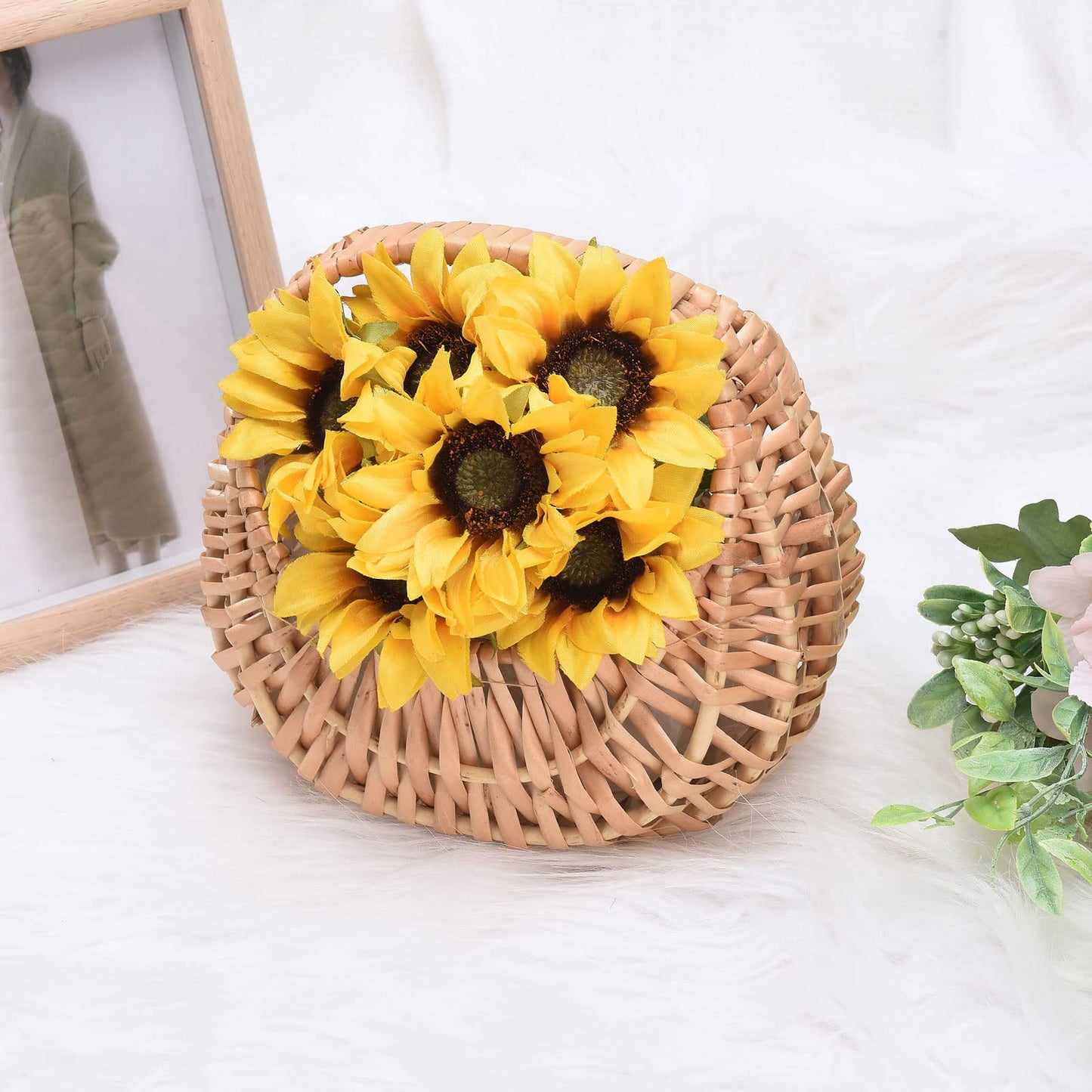 Fofetbfo 2PCS Half-moon Mini Straw Rattan Baskets, Hand-woven Flower Basket with Handle, Retro Storage Containers, Khaki