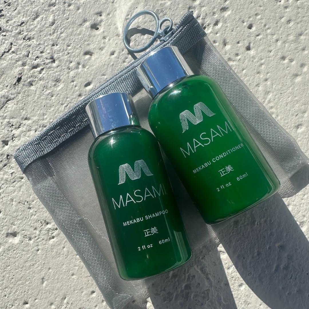 MASAMI Mekabu Hydrating Shampoo and Conditioner Travel Set in Mesh Zipper Pouch, 2 fl oz Each, Vegan Plant-Based Formula for All Hair Types