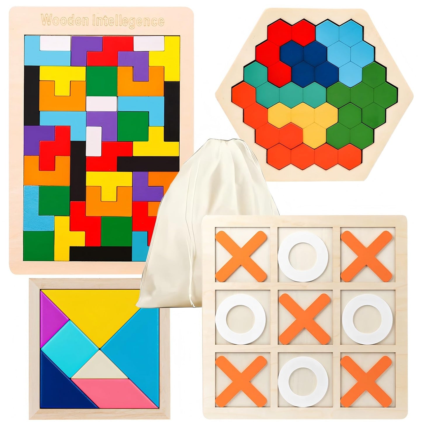 4-Pack Wooden Puzzle Set – Russian Blocks, Hexagon & Tangram Puzzles, Tic Tac Toe & Brain Teasers, Montessori STEM Educational Toy for Kids & Adults