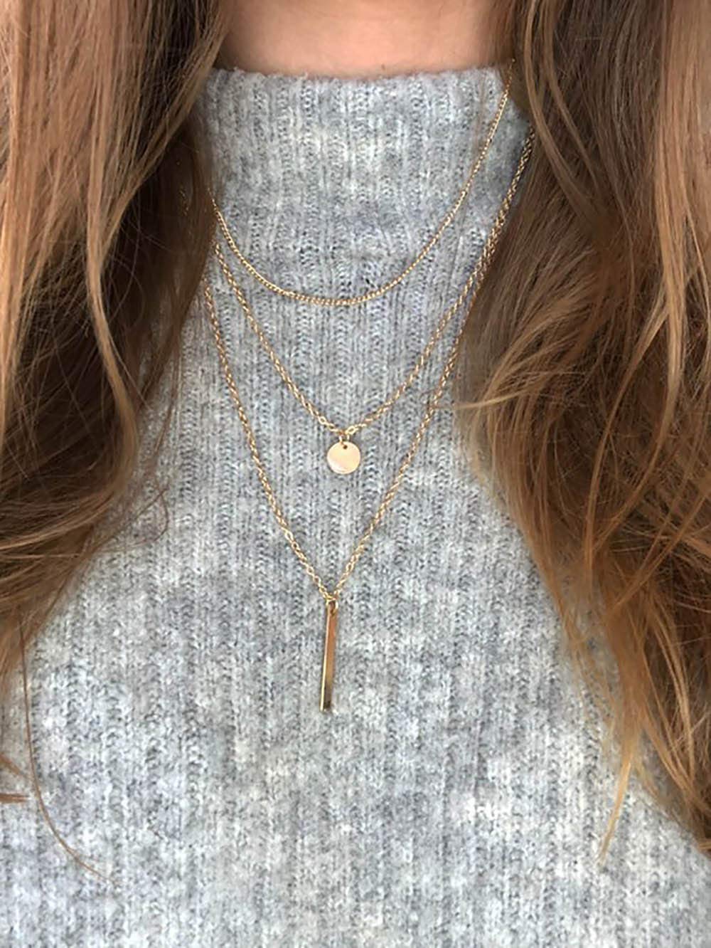 DoubleNine Multilayer Necklace Gold Bar Pendant Simple Sequins Geometric Necklace Layered for Women