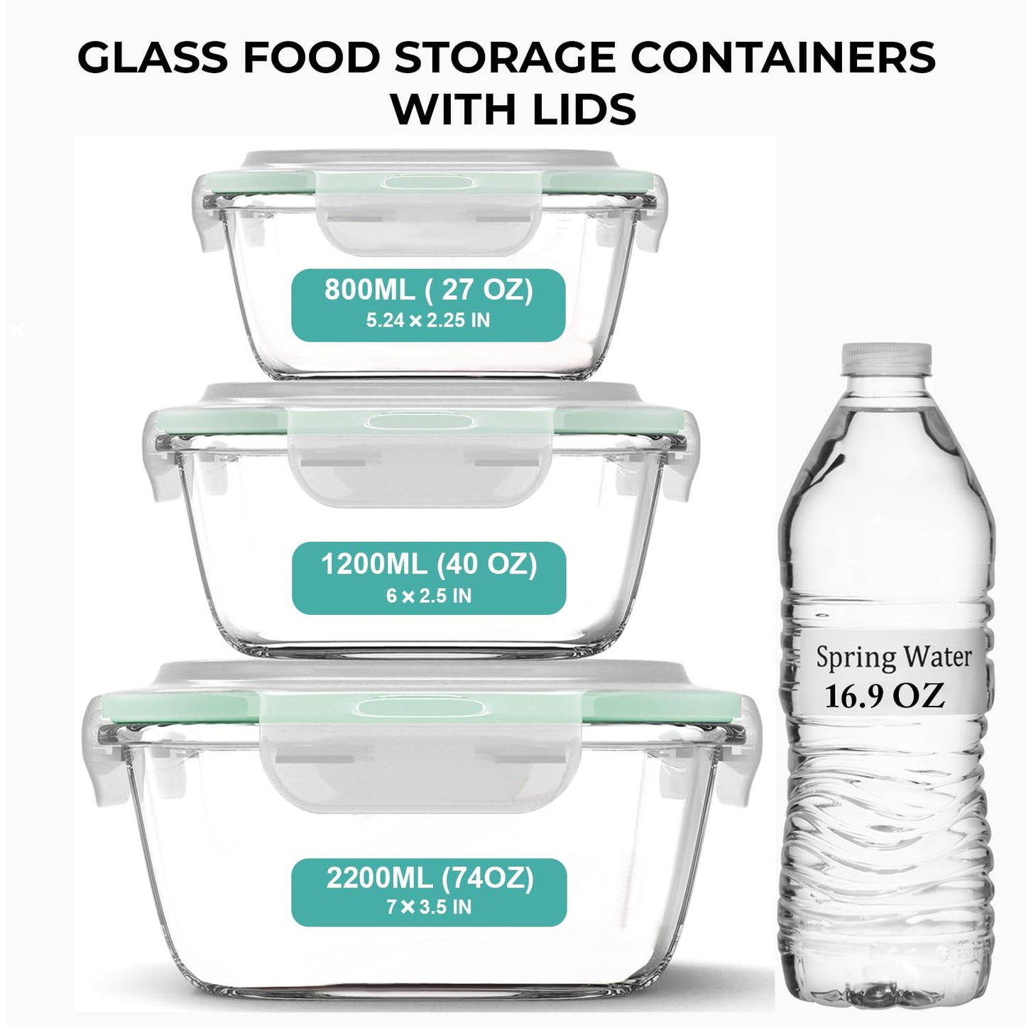 Razab 6 PC Square Glass Food Storage Containers with Airtight lids (74, 40 & 27 oz) Kitchen Glass Meal Prep Containers Set for Freezer Reusable…