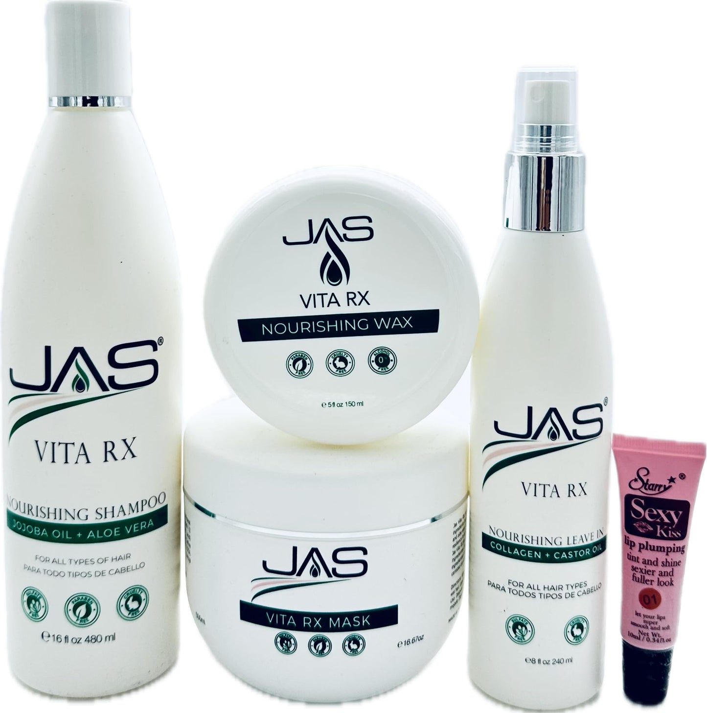 JAS Vita Rx Nourishing Shampoo 16 Oz, Conditioner 16 Oz & Hydrating Leave In with Jojoba Oil + Aloe Vera 8 Oz + Vita RX Wax 4 oz "Free Lip Plumping