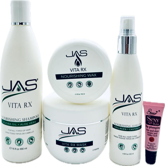 JAS Vita Rx Nourishing Shampoo 16 Oz, Conditioner 16 Oz & Hydrating Leave In with Jojoba Oil + Aloe Vera 8 Oz + Vita RX Wax 4 oz "Free Lip Plumping Beauty & Personal Care JAS Systems
