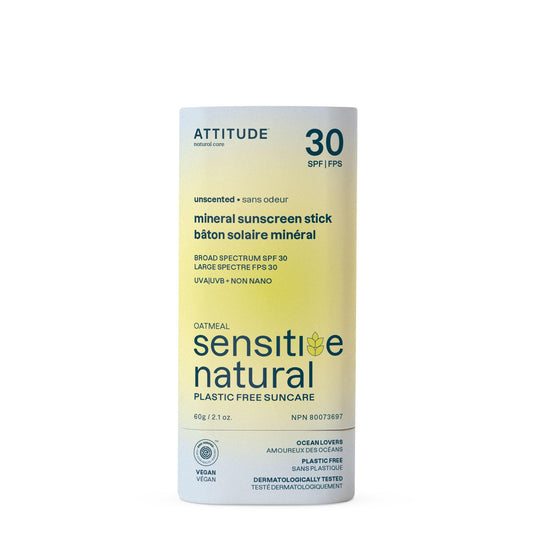 ATTITUDE Mineral Sunscreen Stick for Sensitive Skin, SPF 30, EWG Verified, Plastic-Free, Broad Spectrum UVA/UVB Protection with Zinc Oxide