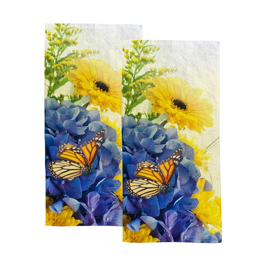 Hapuxt Hand Towels Face Towels Set of 2 Summer Yellow Blue Butterfly Flowers Soft Comfortable Polyester Microfiber Fast Water Absorbent Towels…