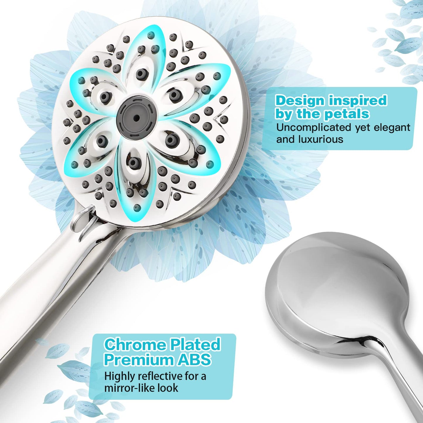 JDO 6-Setting High Pressure Handheld Shower Head – 4.7" Chrome Detachable Set with 59" Stainless Steel Hose & Adjustable Holder