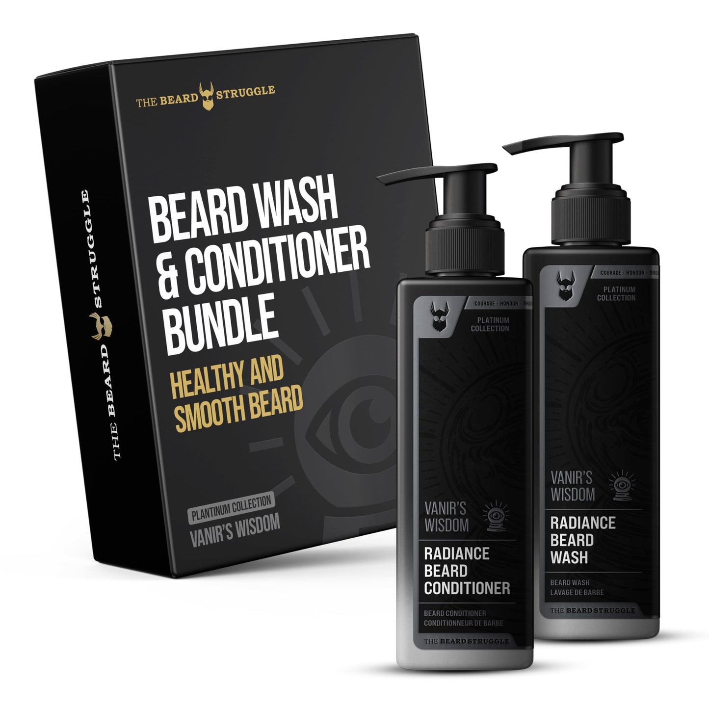 The Beard Struggle Radiance Beard Wash & Conditioner Bundle - Platinum Collection - Pack of 2 - Vanir's Wisdom - 8 Fl Oz each - For Men - Nourish Beauty and Personal Care The Beard Struggle