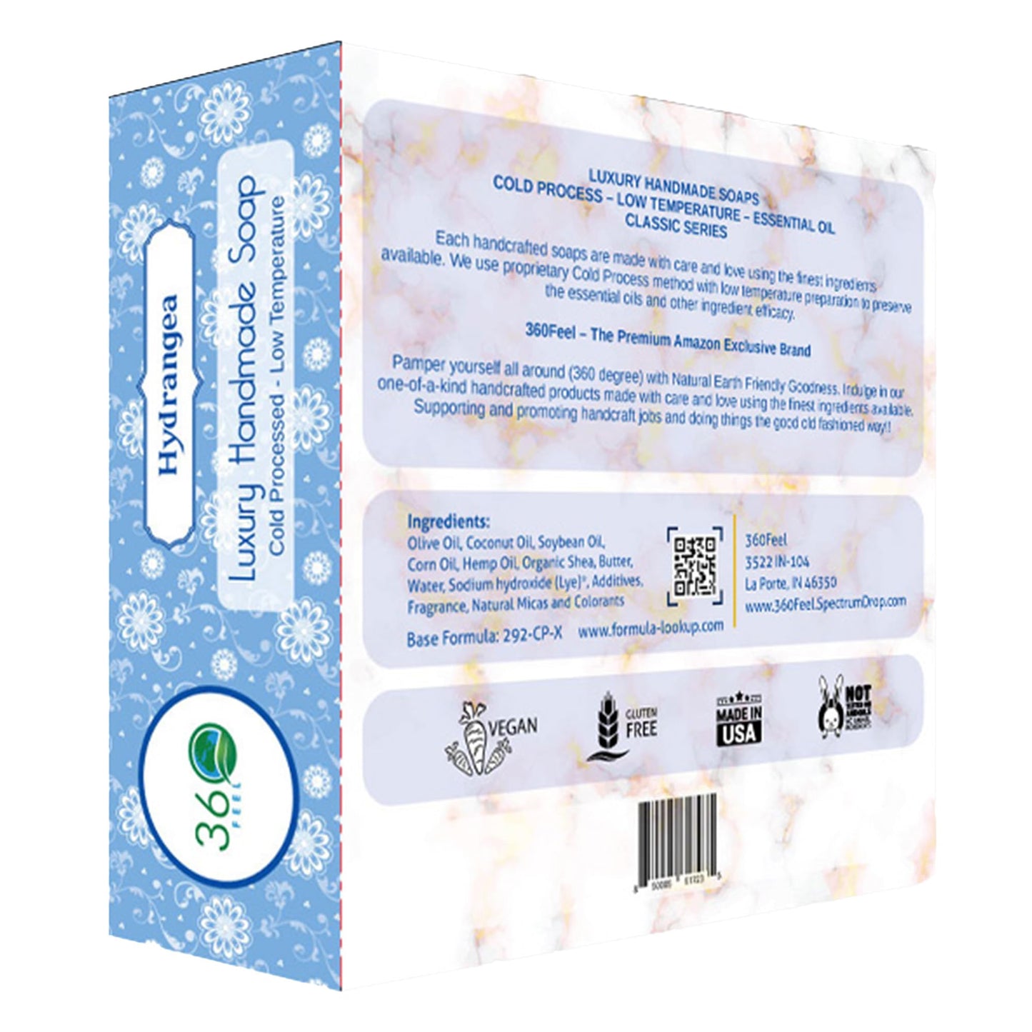 360Feel Hydrangea Soap - Made in The USA - Castile Handmade All Natural Cold Processed - Infused with Hydrangea Scent for Gentle Cleanse & Rich