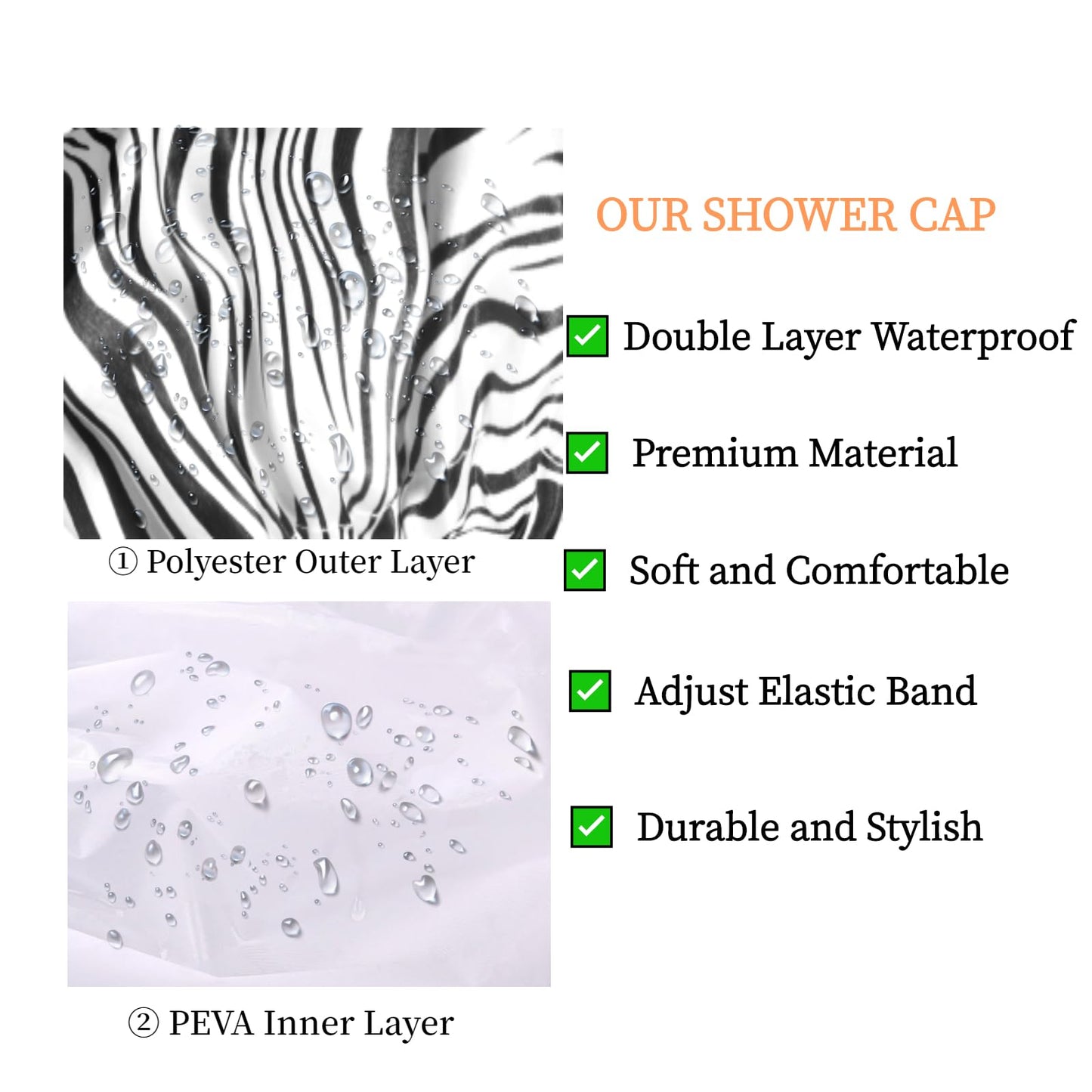 Fishent Shower Cap, Large Shower Caps for Women Reusable Double Layer Waterproof, Adjustable Extra Large Shower Cap for Long Hair and Braids?Zebra