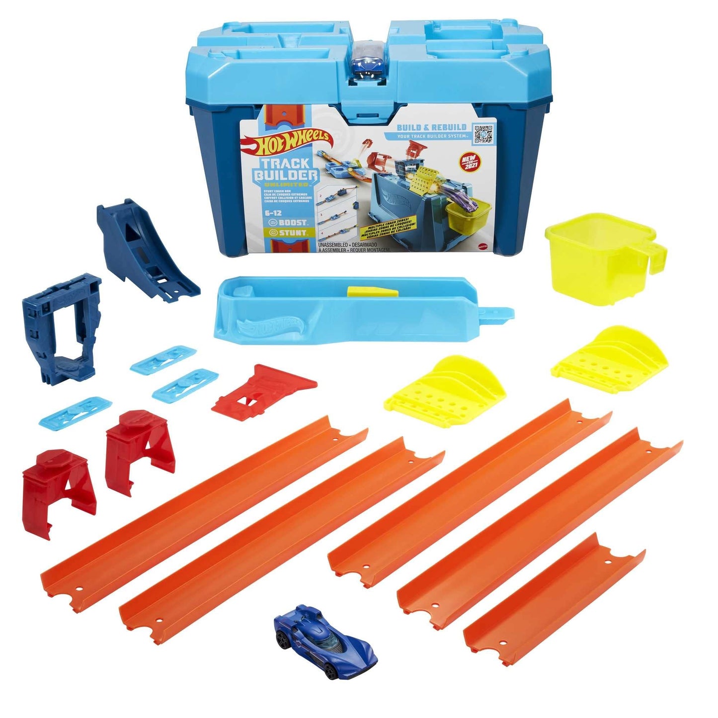 Hot Wheels Toy Car Track Set, Track Builder Unlimited Stunt Crash Box Playset with 18 Building Components in Storage Box with Lid & 1:64 Scale Vehicle