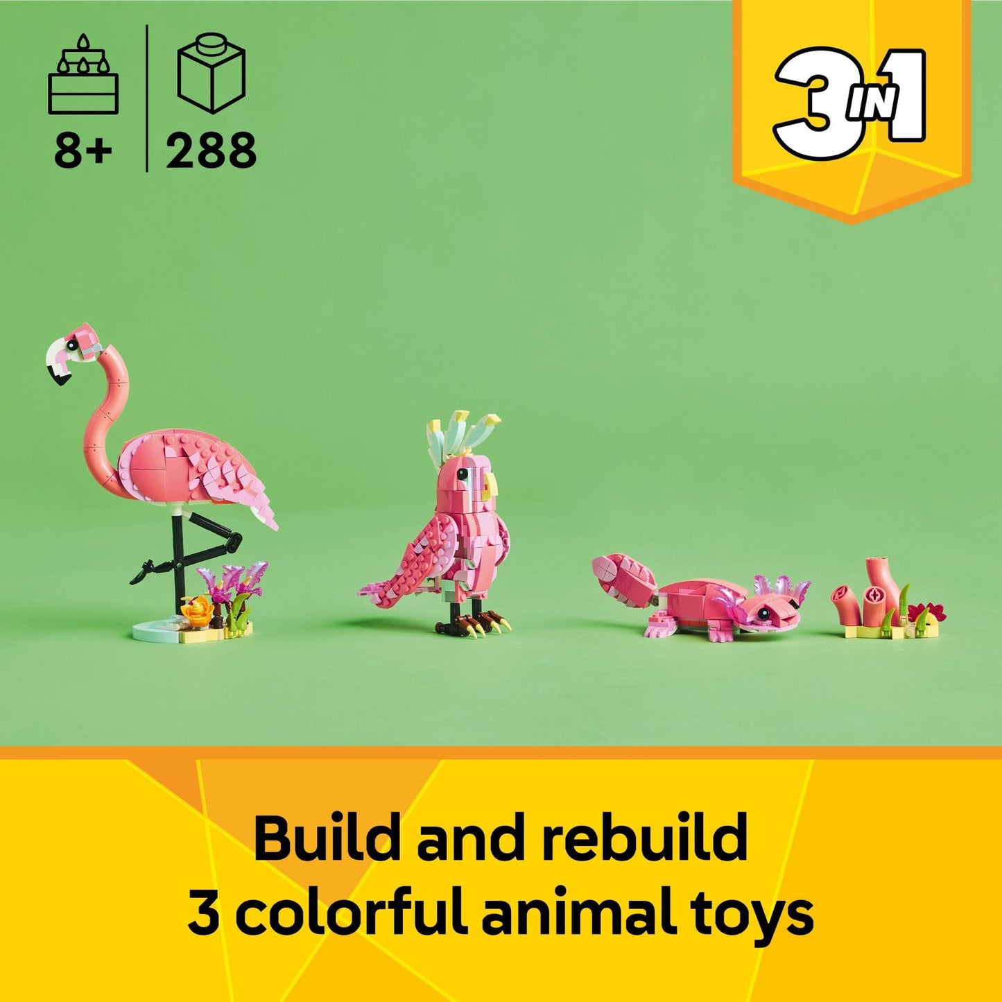 LEGO Creator 3 in 1 Wild Animals Pink Flamingo 31170, Build Flamingo, Cockatoo or Axolotl, Fun Animal Building Toy for Kids Ages 8+