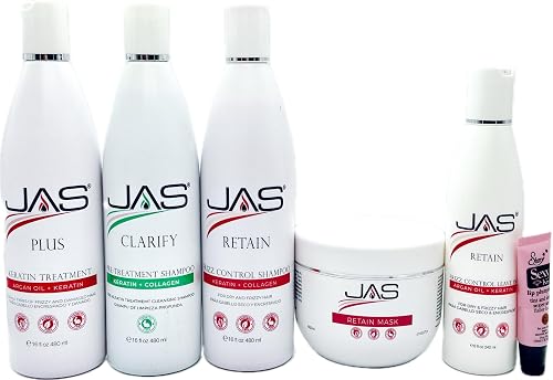 JAS Plus Keratin 3 Smoothing Treatment, Clarifying Shampoo, Retain Shampoo, Retain Mask and Leave in Conditioner 8 fl oz "Free Starry Sexy Kiss Lip