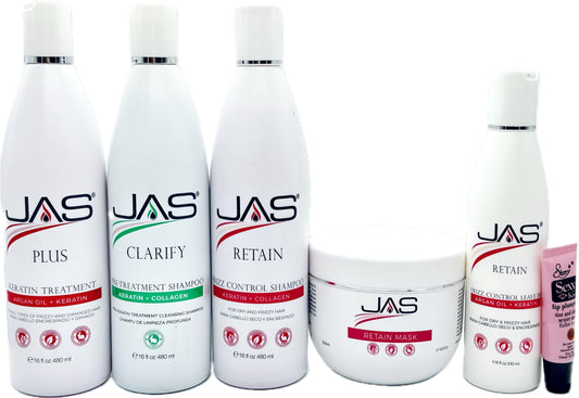 JAS Plus Keratin 3 Smoothing Treatment, Clarifying Shampoo, Retain Shampoo, Retain Mask and Leave in Conditioner 8 fl oz "Free Starry Sexy Kiss Lip Beauty & Personal Care JAS Systems