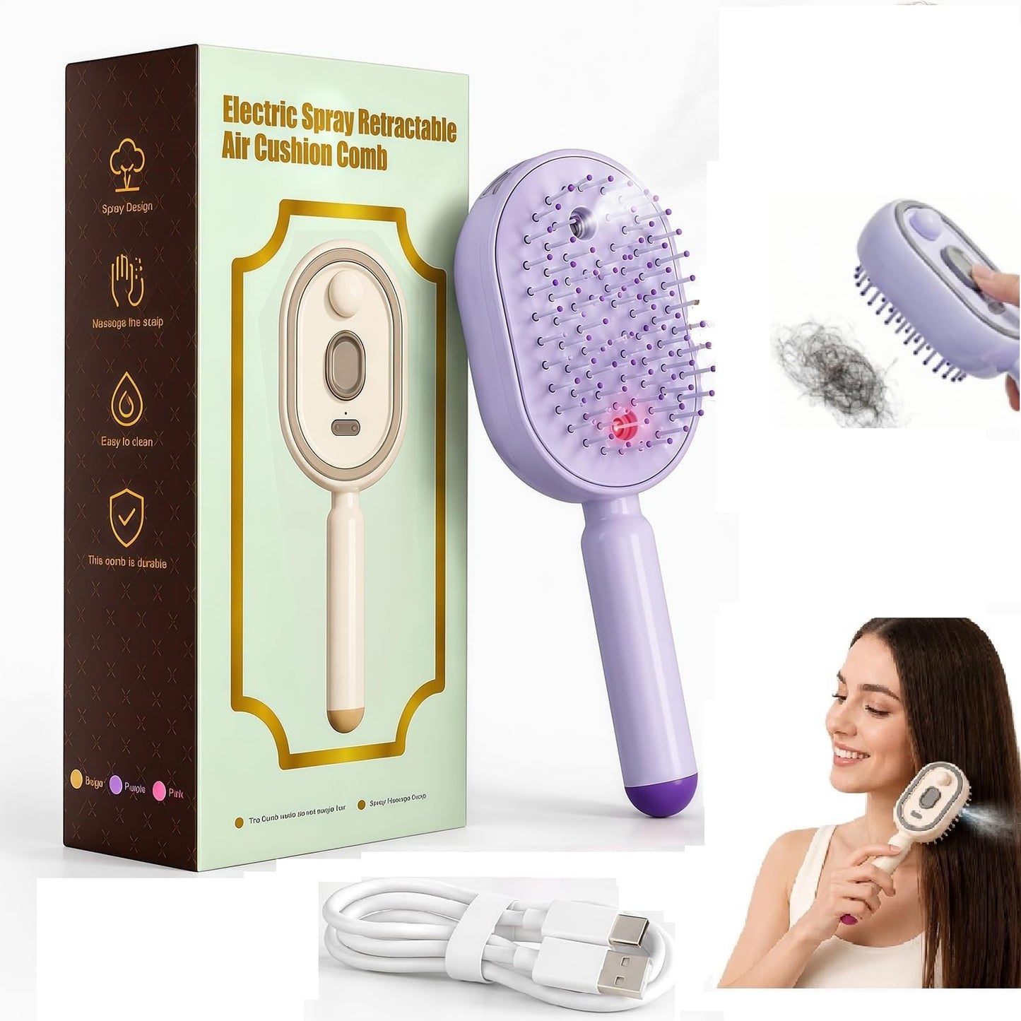 Electric Spray Air Cushion Massage Comb, Upgraded 3 in 1 Rechargeable Air Cushion Hair Brush, Retractable Self-Cleaning Steam Brush for Frizzy Hair Beauty and Personal Care rohxizw Default Title
