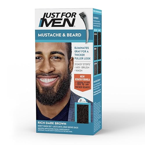 Just For Men Mustache & Beard, multiple uses Beard Dye for Men with Brush, With Keratin Biotin Aloe and Coconut Oil for Healthy Facial Hair - Rich