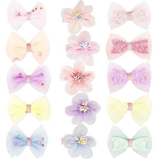Tulle Glitter Hair Bows for Girls, BETITETO 15 Pieces Cute Handmade Flower Rhinestone Alligator Hair Clips Non-slip for kids Women