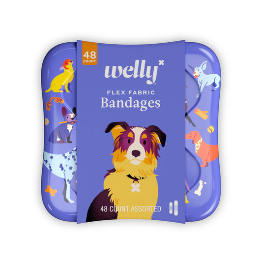Welly Bandages | Flexible Fabric Bravery Badges | Assorted Shapes for Cuts, Scrapes & Wounds | Fun Dog Patterns in First Aid Tin | 48 Count
