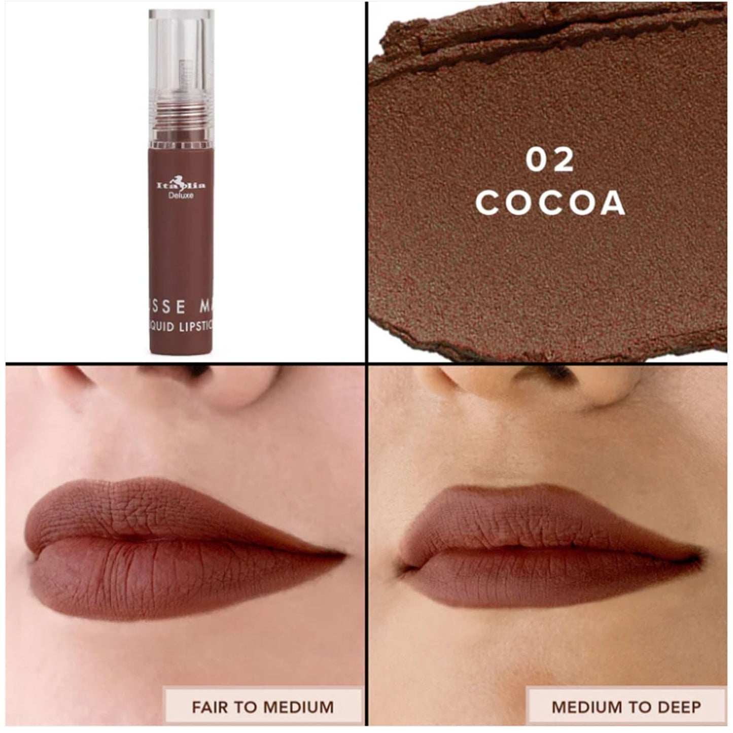 Italia Deluxe Pick 1 Mousse Matte Liquid Lipstick Comfortable Velvet Finish & Zipper Bag (190-02 : COCOA, Full Size)