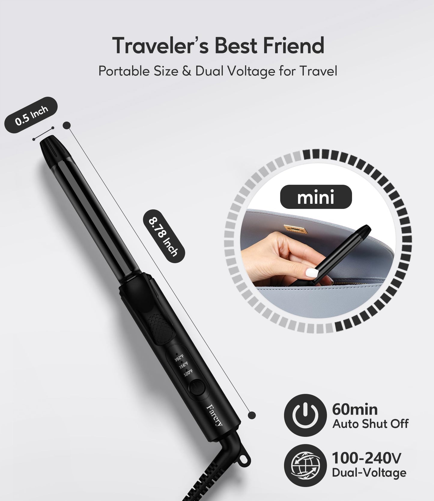 FARERY 1/2 Inch Ceramic Mini Hair Curler with 3 Adjustable Temp, 100-240V Dual Voltage, Travel Curling Iron for Short Hair, Auto-Off, Infused