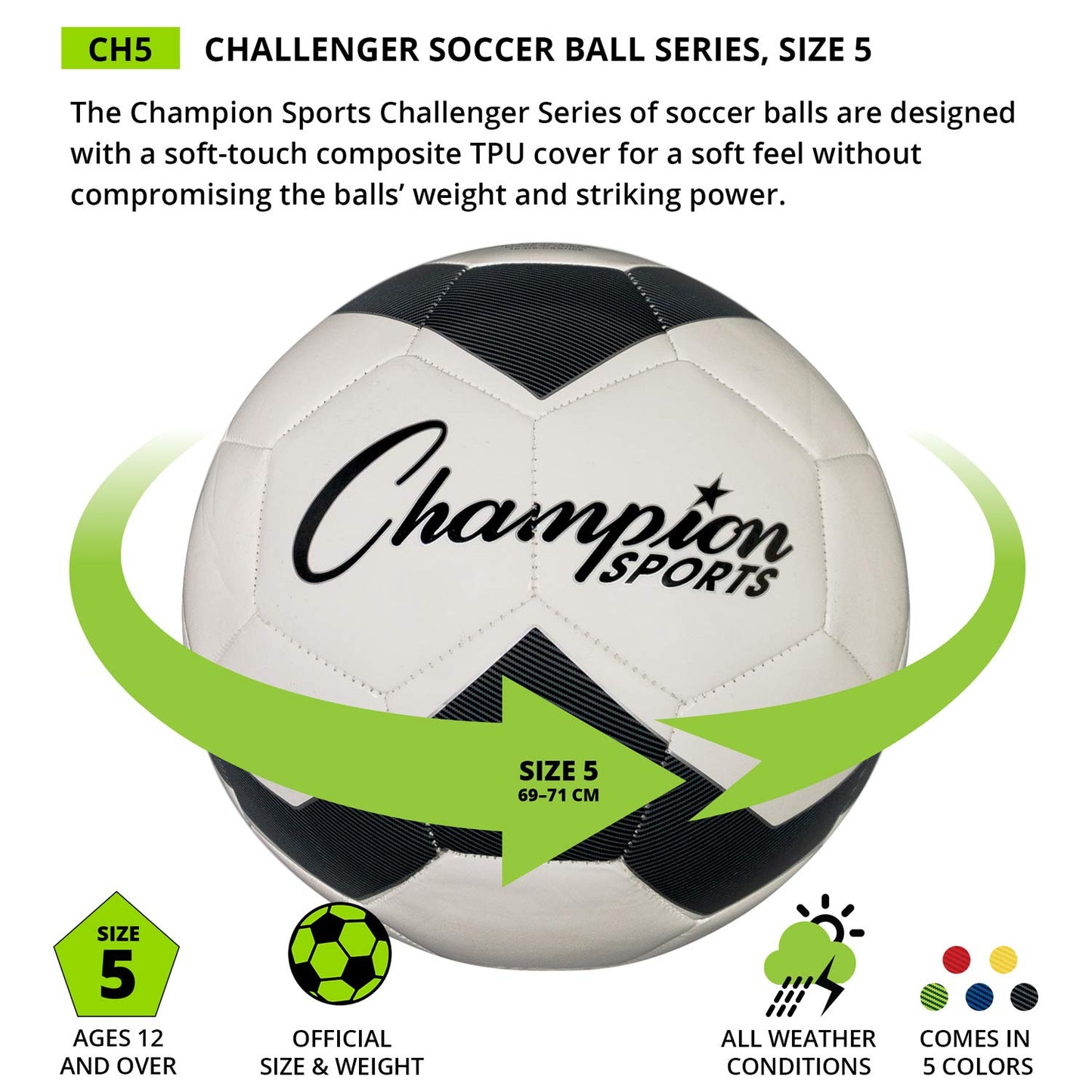 Champion Sports Challenger Soccer Ball, Size 5, Black/White