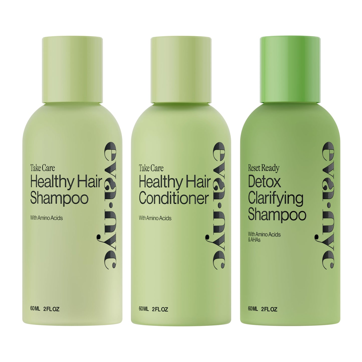 Eva NYC Travel Shampoo and Conditioner Set with Weekly Clarifying Shampoo - Gentle Daily Cleansing - Amino Acids + AHA's - Moisture + Shine - Protects