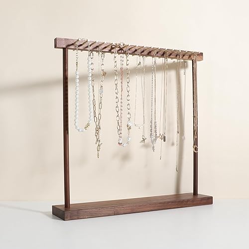 GemeShou Large necklace hanger shelf with 17 copper bars, Wooden jewelry storage organizer rack for hanger necklace bracelet, necklace display stand…