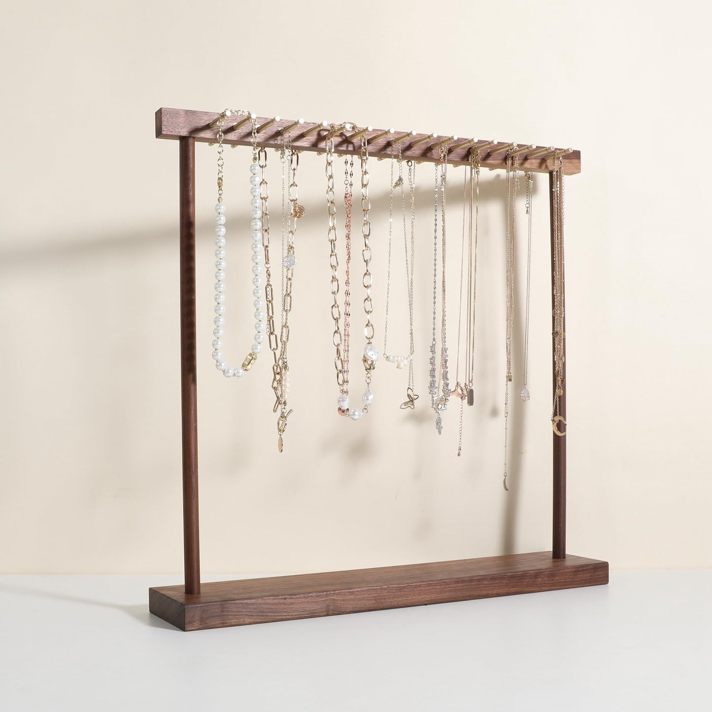 GemeShou Large necklace hanger shelf with 17 copper bars, Wooden jewelry storage organizer rack for hanger necklace bracelet, necklace display stand…