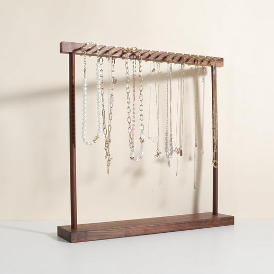 GemeShou Large necklace hanger shelf with 17 copper bars, Wooden jewelry storage organizer rack for hanger necklace bracelet, necklace display stand…