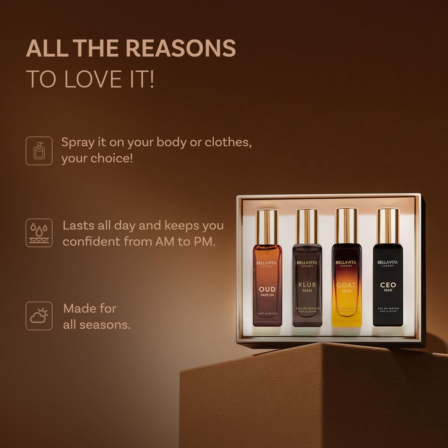 BellaVita Luxury Men's Perfume Gift Set with CEO Man, G.O.A.T., KLUB & OUD | 4 x 20ml (80ml) | Long Lasting Perfume for Men | Citrus, Woody, Patchouli Beauty and Personal Care Bella Vita Luxury