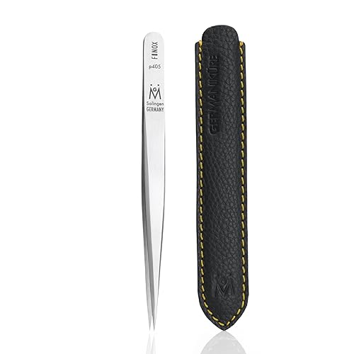 GERMANIKURE Professional Wide Grip Pointed Tweezers - FINOX Stainless Steel Sharp Professional Tweezers in Leather Case - Easy to Use - Ethically Made
