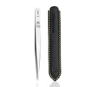 GERMANIKURE Professional Wide Grip Pointed Tweezers - FINOX Stainless Steel Sharp Professional Tweezers in Leather Case - Easy to Use - Ethically Made