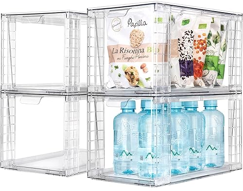 Zero Zoo 4Pack Large Stackable Kitchen Storage Drawers, Clear Foods Organizer Bins with Handles, Easily Assemble for Bathroom, Kitchen, Pantry…