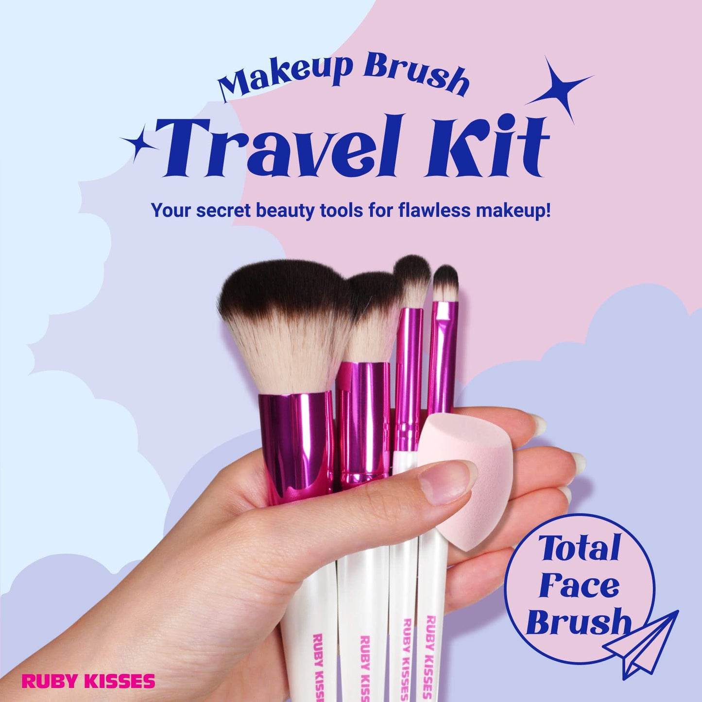 Ruby Kisses Makeup Brushes Travel Size Complexion Brush Set, Powder, Angled Buffer, Blending, Concealer Brush and Blending Sponge, Travel Friendly 5