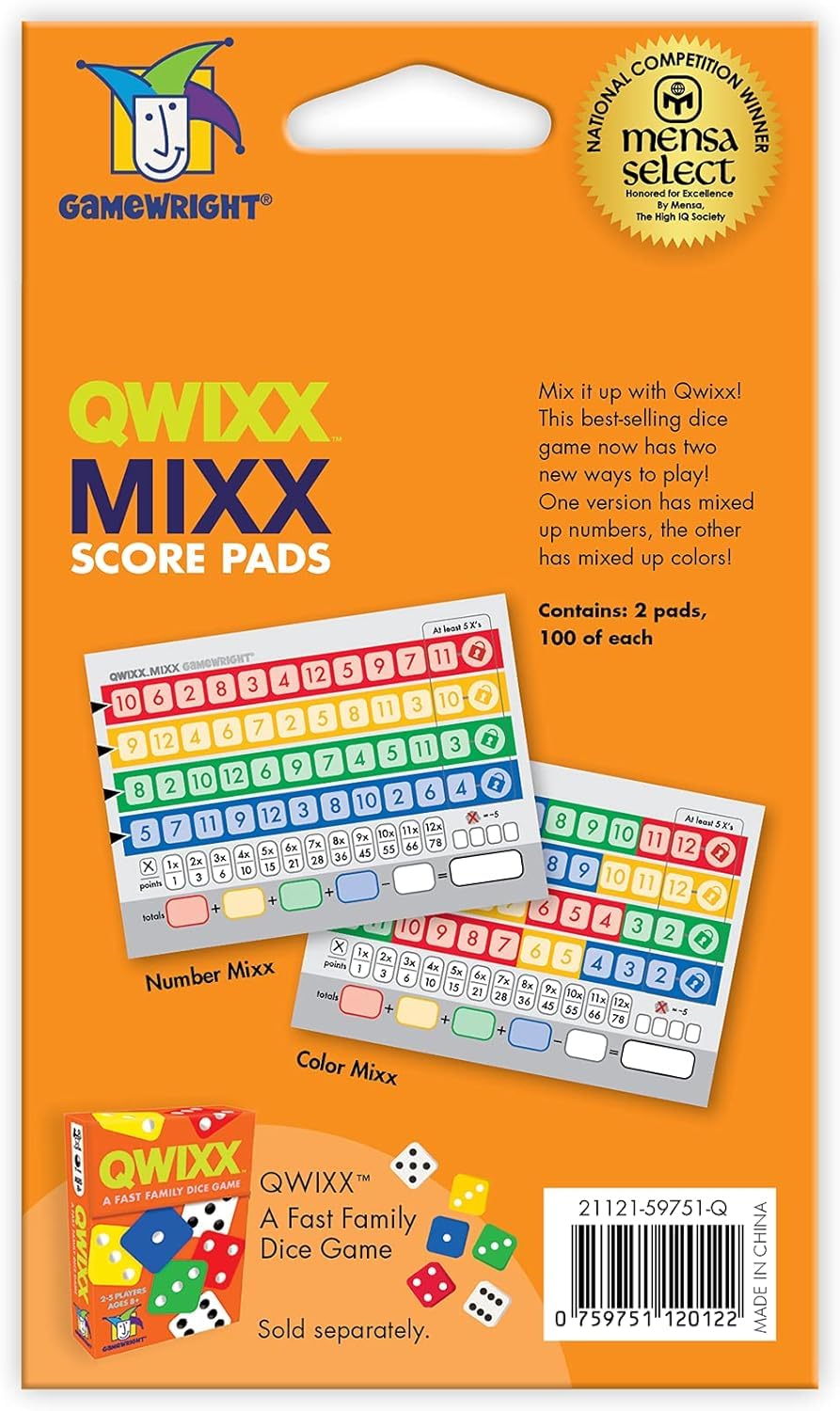 Gamewright Qwixx Mixx - Genuine Enhanced Game Play Add-On Replacement Scorecards for Qwixx - A Fast Family Dice Game, 8 + years