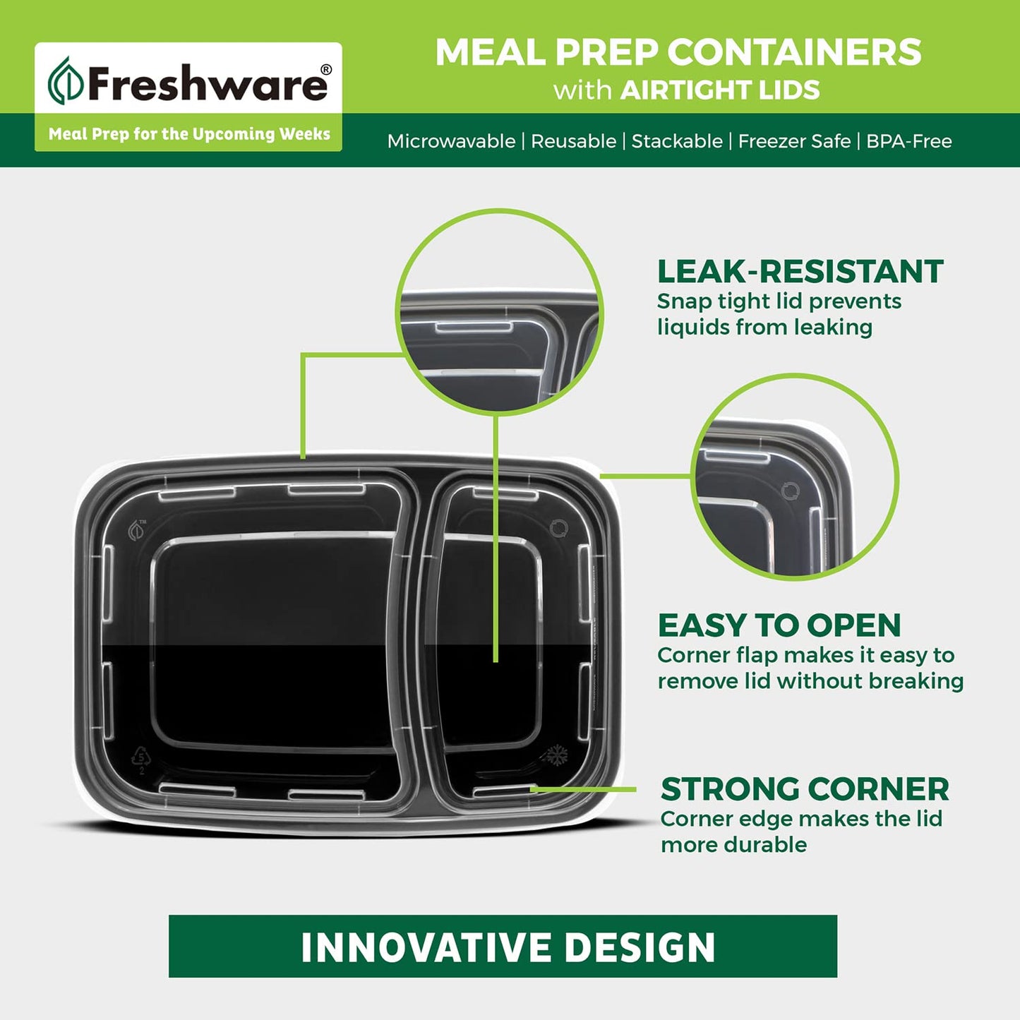 Freshware Meal Prep Containers [15 Pack] 2 Compartment with Lids, Food Storage Containers, Bento Box, BPA Free, Stackable…