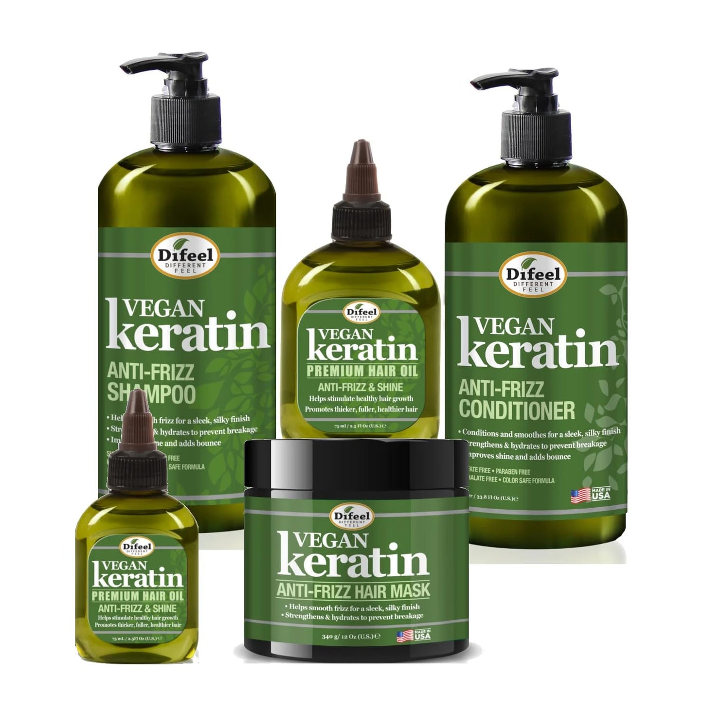 Difeel Vegan Keratin Anti-Frizz Hair Care 5-PC Set - Vegan Shampoo, Conditioner, Oils and Hair Mask